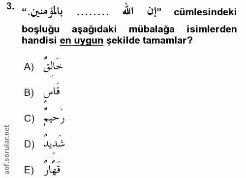 3. soru: بالمؤمنين. ، .3 üI ü!" cümlesindeki boşluğu aşağıdaki mübalağa isimlerden handisi en uygun şekilde tamamlar? A) B) قا…