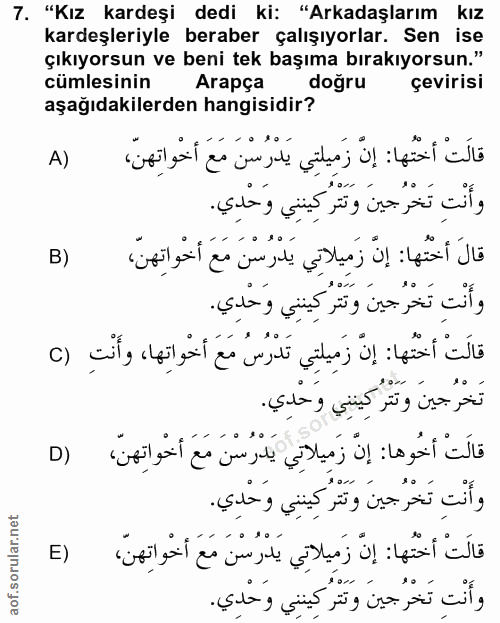 7. soru: "Kız kardeşi dedi ki: "Arkadaşlarım kız kardeşleriyle beraber çalışıyorlar. Sen ise çıkıyorsun ve beni tek başıma bır…
