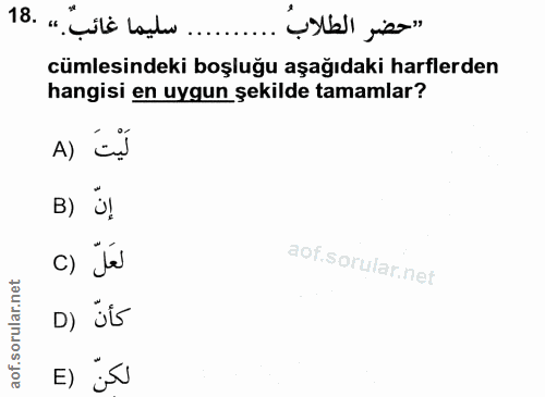 18. soru: " Çilä laçlw.......... (sıb/ı jizz" cümlesindeki boşluğu aşağıdaki harflerden hangisi en uygun şekilde tamamlar? A) B…
