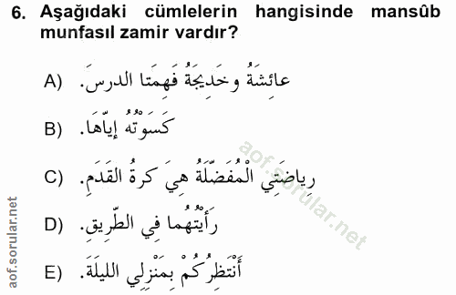 6. soru: Aşağıdaki cümlelerin hangisinde mansûb munfasıl zamir vardır? عائِشَةٌ وخَدِيجَةٌ فَهِمَتا الدرسَ. (A B) . Cál] á gun…