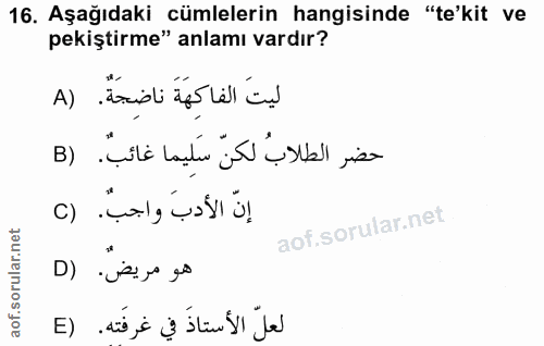 16. soru: Aşağıdaki cümlelerin hangisinde "te'kit ve pekiştirme" anlamı vardır? A) isidti ifs lall inl حضر الطلابُ لكنّ سَلِيما…