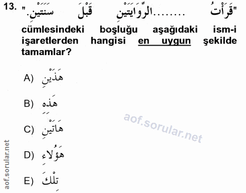 13. soru: قَبْلَ سَنَتَيْنِ." .13 cümlesindeki boşluğu aşağıdaki ism-i işaretlerden hangisi en uygun şekilde tamamlar? A) jilo…