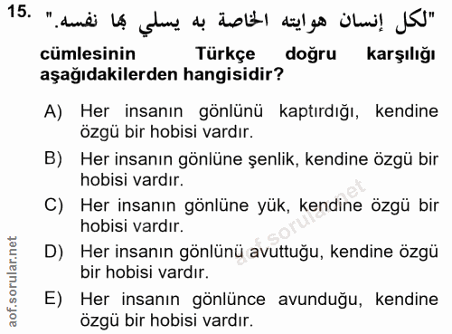 15. soru: "لكل إنسان هوايته الخاصة به يسلى بها نفسه." .15 cümlesinin Türkçe doğru karşılığı aşağıdakilerden hangisidir? A) Her…