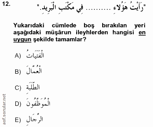 12. soru: "رَأَيْتُ هَؤُلاءِ Yukarıdaki cümlede boş bırakılan yeri aşağıdaki müşârun ileyhlerden hangisi en uygun şekilde tamam…
