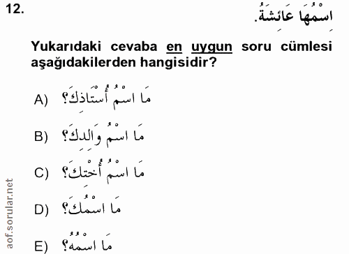12. soru: اسْمُهَا عَائَشَةُ Yukarıdaki cevaba en uygun soru cümlesi aşağıdakilerden hangisidir? مَا اسْمُ أُسْتَاذكَ؟ (A مَا ا…