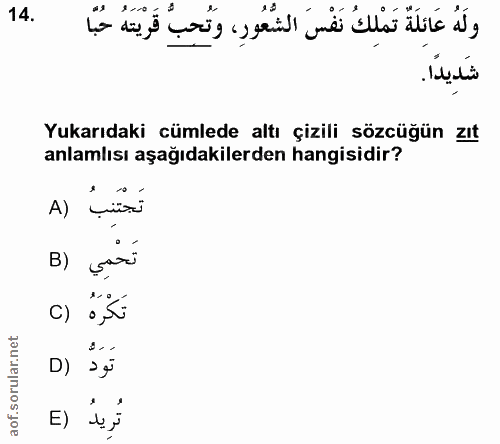 14. soru: ولَهُ عَائِلَةٌ تَمْلِكُ نَفْسَ الشُّعُورِ، وَتُحِبُّ قَرْيَتَهُ حُبًّا شدِيدا. Yukarıdaki cümlede altı çizili sözcüğ…