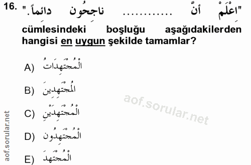 16. soru: ناجحُون دائماً " .16 "اعْلَمْ أنَّ cümlesindeki | boşluğu aşağıdakilerden hangisi en uygun şekilde tamamlar? الْمُجْت…