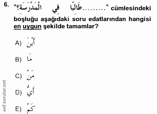 6. soru: الْمَدْرَسَة؟" .6 فِي W.." cümlesindeki boşluğu aşağıdaki soru edalarından hangisi en uygun şekilde tamamlar? أَيْنَ…