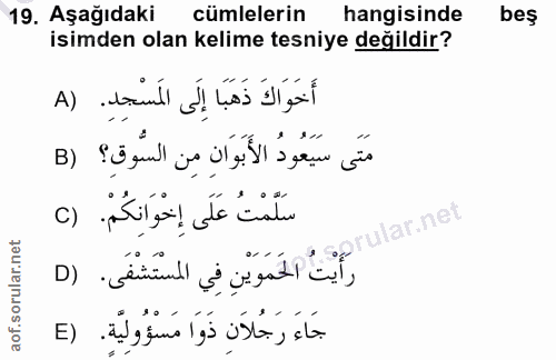 19. soru: Aşağıdaki cümlelerin hangisinde bes isimden olan kelime tesniye değildir? أَخَوَاكَ ذَهَبَا إِلَى المَسْجِدِ. (A مَتَ…