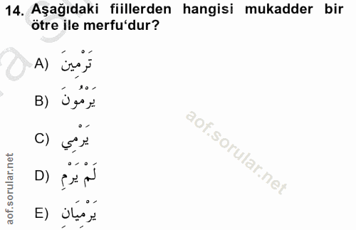 14. soru: Aşağıdaki fiillerden hangisi mukadder bir otre ile merfu'dur? A) iss; B) Ügs yi 20 - 90, يرمِي (C لَمْ يَرْمِ (D يرمي…