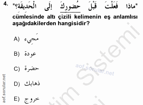 4. soru: لا لْتَ قَبْل حُك إلى الْحَديقَةِ؟" .4 cümlesinde altı çizili kelimenin eş anlamlısı aşağıdakilerden hangisidir? مَجي…
