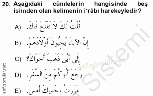 20. soru: Aşağıdaki cümlelerin hangisinde beş isimden olan kelimenin i'râbı harekeyledir? قُلْتُ لَكَ لاَ تَفْتَحْ فَاكَ. (A إِ…