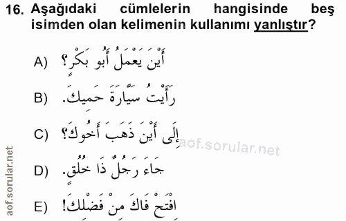 16. soru: Aşağıdaki cümlelerin hangisinde beş isimden olan kelimenin kullanımı yanlıştır? أَيْنَ يَعْمَلُ أَبُو بَكْرٍ؟ (A رَأَ…