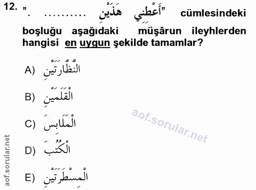 12. soru: . „is sibel" cümlesindeki boşluğu aşağıdaki müşârun ileyhlerden hangisi en uygun şekilde tamamlar? النَّظَارَتَيْنِ (…