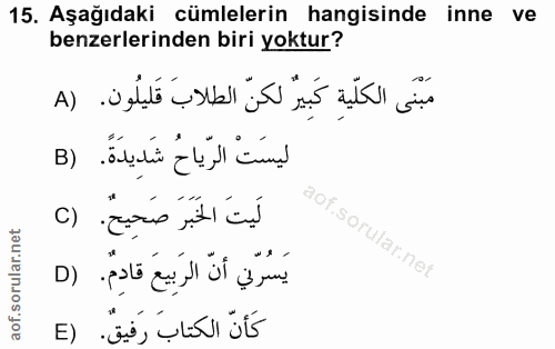 15. soru: Aşağıdaki cümlelerin hangisinde inne ve benzerlerinden biri yoktur? مَبْنَى الكلّيةِ كَبِيرٌ لكنّ الطلابَ قَليلُون. (…