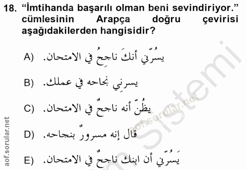 18. soru: "İmtihanda başarılı olman beni sevindiriyor." cümlesinin Arapça doğru çevirisi aşağıdakilerden hangisidir? يسُرّني أن…