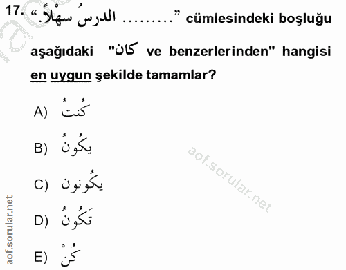 17. soru: ' ......... الدرسُ سهْلاً." .17 " cümlesindeki boşluğu aşağıdaki "jL5 ve benzerlerinden" hangisi en uygun şekilde tam…