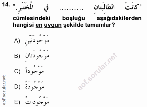 14. soru: في المخْتَبَر." .14 cümlesindeki boşluğu aşağıdakilerden hangisi en uygun şekilde tamamlar? مَوْجُودَتَيْنِ (A B) ili…