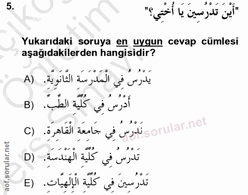 5. soru: "أَيْنَ تَدْرُسِينَ يَا أُخْتِي؟" Yukarıdaki soruya en uygun cevap cümlesi aşağıdakilerden hangisidir? يَدْرُسُ فِي ا…