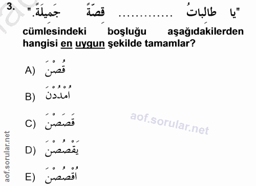 3. soru: "يا طالباتُ cümlesindeki boşluğu aşağıdakilerden hangisi en uygun şekilde tamamlar? A) inst B) اُمْدُدْنَ قَصَصْنَ ()…