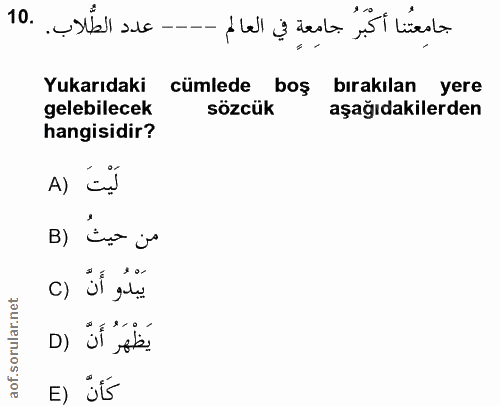 10. soru: عدد الطّلاب. .10 جامِعتُنا أكبرُ جامِعةٍ في العالم Yukarıdaki cumlede boş • bırakılan yere gelebilecek sözcük aşağıda…