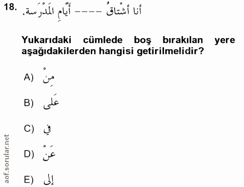 18. soru: أَيَّامِ المدْرَسة. .18 أنا أشتاق ---- Yukarıdaki cümlede boş bırakılan yere aşağıdakilerden hangisi getirilmelidir?…