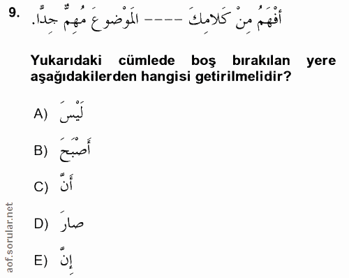 9. soru: الموضوع مهم جدا. Yukarıdaki cümlede boş bırakılan yere aşağıdakilerden hangisi getirilmelidir? A) Jur! أَصْبَحَ (B C)…