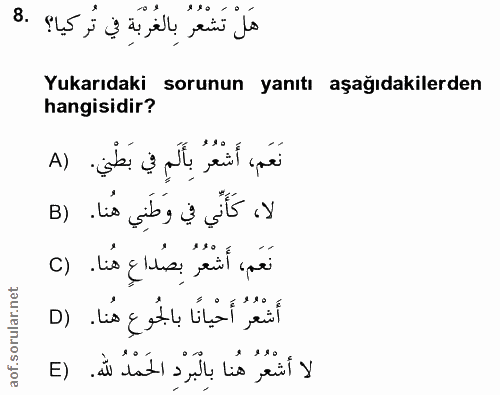 8. soru: هَلْ تَشْعُرُ بِالغُرْبَةِ في تُركيا؟ .8 Yukarıdaki sorunun yanıtı aşağıdakilerden hangisidir? نَعَم، أَشْعُرُ بِأَلَ…