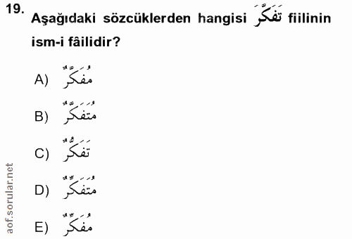 19. soru: Aşağıdaki sözcüklerden hangisi ,Ke fiilinin ism-i fâilidir? e8 co l A) B) مَتَفَكّ C) D) مُتَفَكِّرٌ E) مفكر