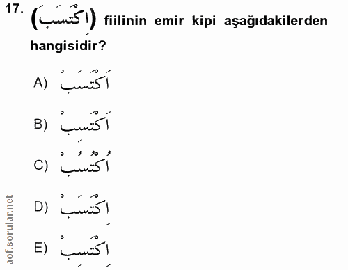 17. soru: (çmi5l) fillinin emir kipi aşağıdakilerden hangisidir? A) imisi B) imisi أُكْتُسُبْ () D) imnio) اِكْتَسِبْ (E