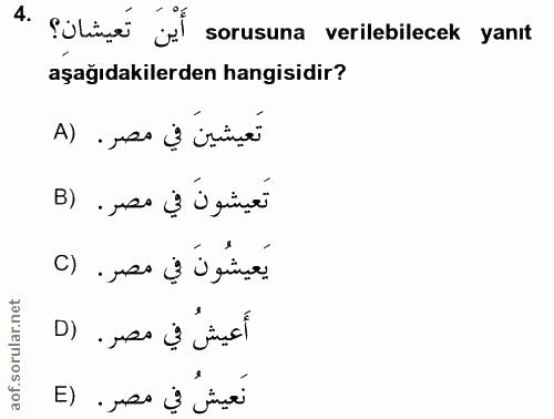 4. soru: أَيْنَ تَعيشان؟ .4 sorusuna verilebilecek yanıt aşağıdakılerden hangisidir? نعيشين في مصر . (A B). uss is ü günçe يَع…