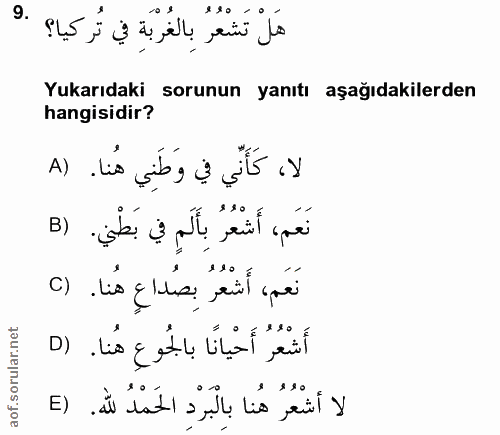 9. soru: هَلْ تَشْعُرُ بالغُرْبَةِ في تُركيا؟ .9 Yukarıdaki sorunun yanıtı aşağıdakilerden hangisidir? لا، كَأَنِّي في وَطَنِي…