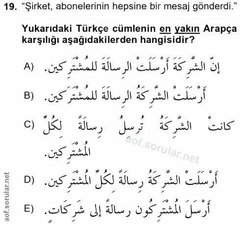 19. soru: "Şirket, abonelerinin hepsine bir mesaj gönderdi." Yukarıdaki Türkçe cümlenin en yakın Arapça karşılığı aşağıdakilerd…