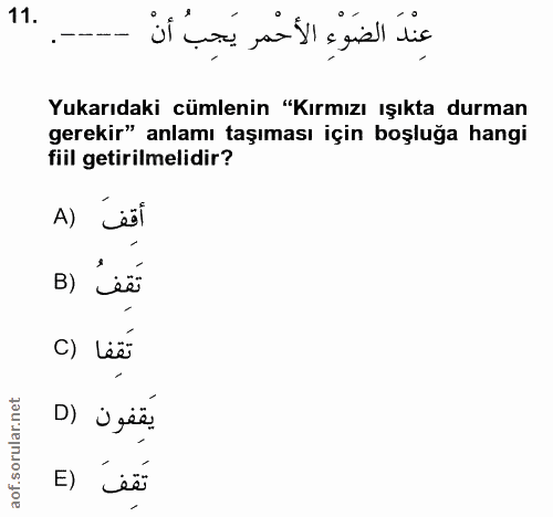11. soru: عِنْدَ الضَوْءِ الأَحْمِر يَجِبُ أنْ Yukarıdaki cümlenin "Kırmızı ışıkta durman gerekir" anlamı taşıması için boşluğa…