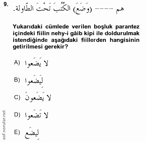 9. soru: po Yukarıdaki cümlede verilen boşluk parantez içindeki fiilin nehy-i gâib kipi ile doldurulmak istendiğinde aşağıdaki…