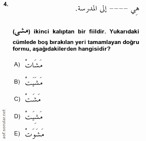 4. soru: إلى المدرسة. (gis) ikinci kalıptan bir fiildir. Yukarıdaki cümlede boş bırakılan yeri tamamlayan doğru formu, aşağıda…