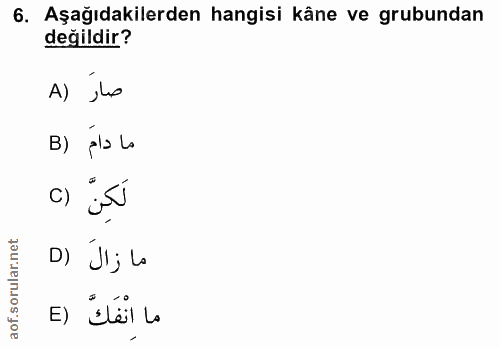 6. soru: Aşağıdakilerden hangisi kâne ve grubundan değildir? A) ,us B) pla lo لَكِنْ () D) JIj lo ما انْفَكَ (E