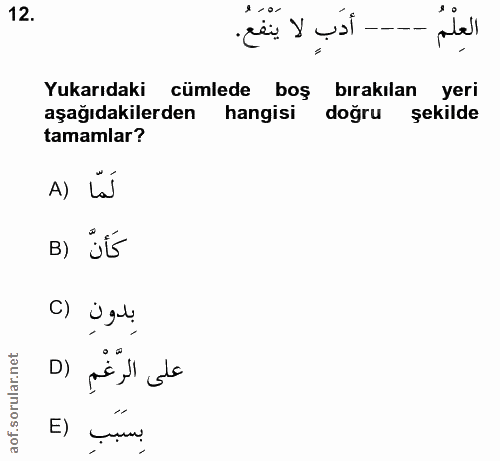 12. soru: أدب لا ينفع. яго- العِلْمُ Yukarıdaki cümlede boş bırakılan yeri aşağıdakilerden hangisi doğru şekilde tamamlar? A) L…