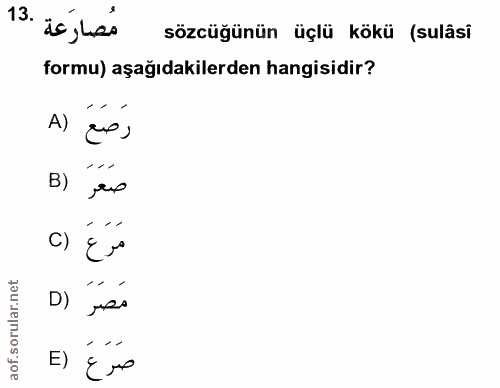 13. soru: مُصارَعة .13 sözcüğünün üçlü kökü (sulâsî formu) aşağıdakilerden hangisidir? رَصَعَ (A B) ,us c) Es مَصَرَ (D E) Ere
