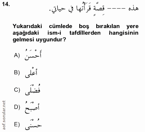 14. soru: قصَّة قَرَأْتُها في حياتي. هذه Yukarıdaki cümlede boş bırakılan yere aşağıdaki ism-i tadillerden hangisinin gelmesi u…