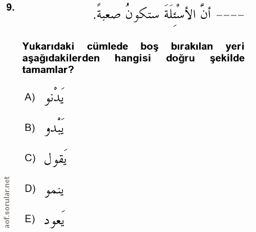 9. soru: أنَّ الأسْئِلَةَ ستكونُ صعبةً. Yukarıdaki cümlede boş : bırakılan yeri aşağıdakilerden hangisi doğru şekilde tamamlar…