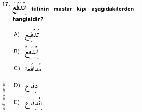 17. soru: Afl fillinin mastar kipi aşağıdakilerden hangisidir? تدفيع (A B) انْدَفِعْ مُدافَعَة (C دفاع (D اِندفاع (E