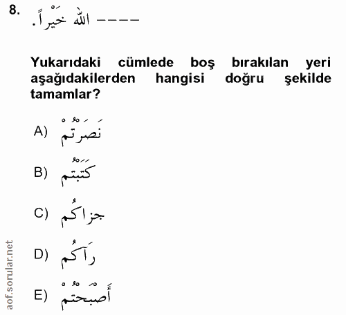 8. soru: ---- اللّٰه خيراً . Yukarıdaki cümlede boş bırakılan yeri aşağıdakilerden hangisi doğru şekilde tamamlar? A) نَصَرْتُ…