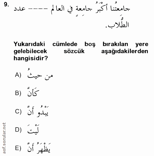9. soru: -- عدد جامعتُنا أكبرُ جامعةٍ في العالم الطُّلاب. Yukarıdaki cümlede boş bırakılan yere gelebilecek sözcük aşağıdakile…