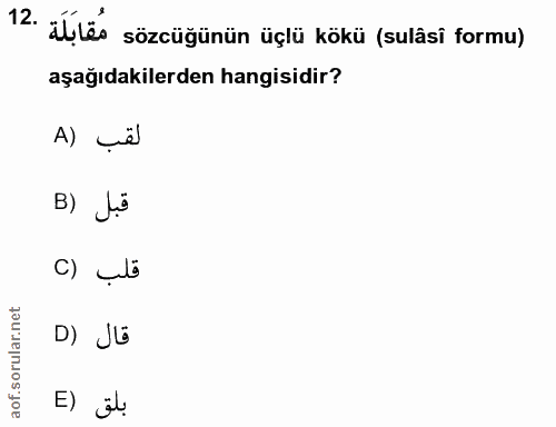 12. soru: alles sözcüğünün üçlü kökü (sulasi formu) aşağıdakilerden hangisidir? A) șël B) Jö قلب (C D) JB E) ül.