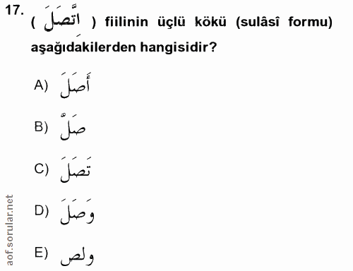 17. soru: , Üsil , filinin üçlü kökü (sulåsi formu) aşağıdakilerden hangisidir? أَصَلَ (A B) js c) Jupi وَصَلَ (D E) ely