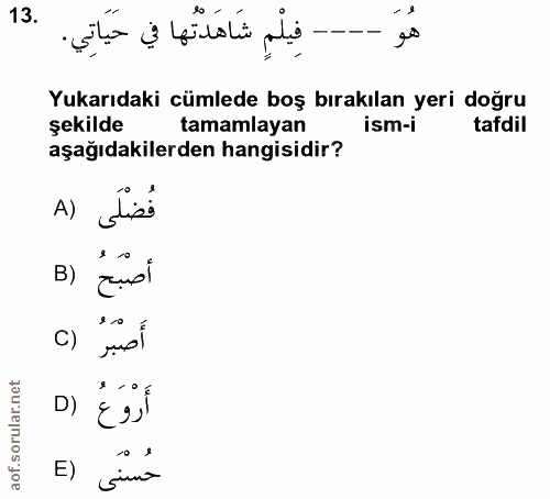 13. soru: فِيلْمِ شَاهَدْتُها في حَيَاتِي. Yukarıdaki cümlede boş bırakılan yeri doğru şekilde tamamlayan ism-i tadil aşağıdaki…