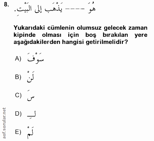 8. soru: يَذْهَب إلى البَيْتِ. Yukarıdaki cümlenin olumsuz gelecek zaman kipinde olması için boş bırakılan yere aşağıdakilerde…