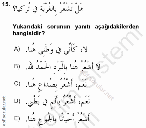 15. soru: هَلْ تَشْعُرُ بِالغُرْبَةِ في تُركيا؟ .15 Yukarıdaki sorunun yanıtı aşağıdakilerden hangisidir? لا، كَأَنّي في وَطَنِ…
