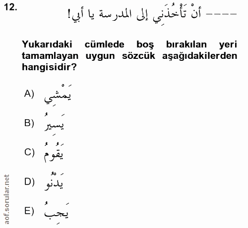 12. soru: - أنْ تَأْخُذَنِي إلى المدرسة يا أبي! Yukarıdaki cümlede boş bırakılan yeri tamamlayan uygun sözcük aşağıdakilerden h…